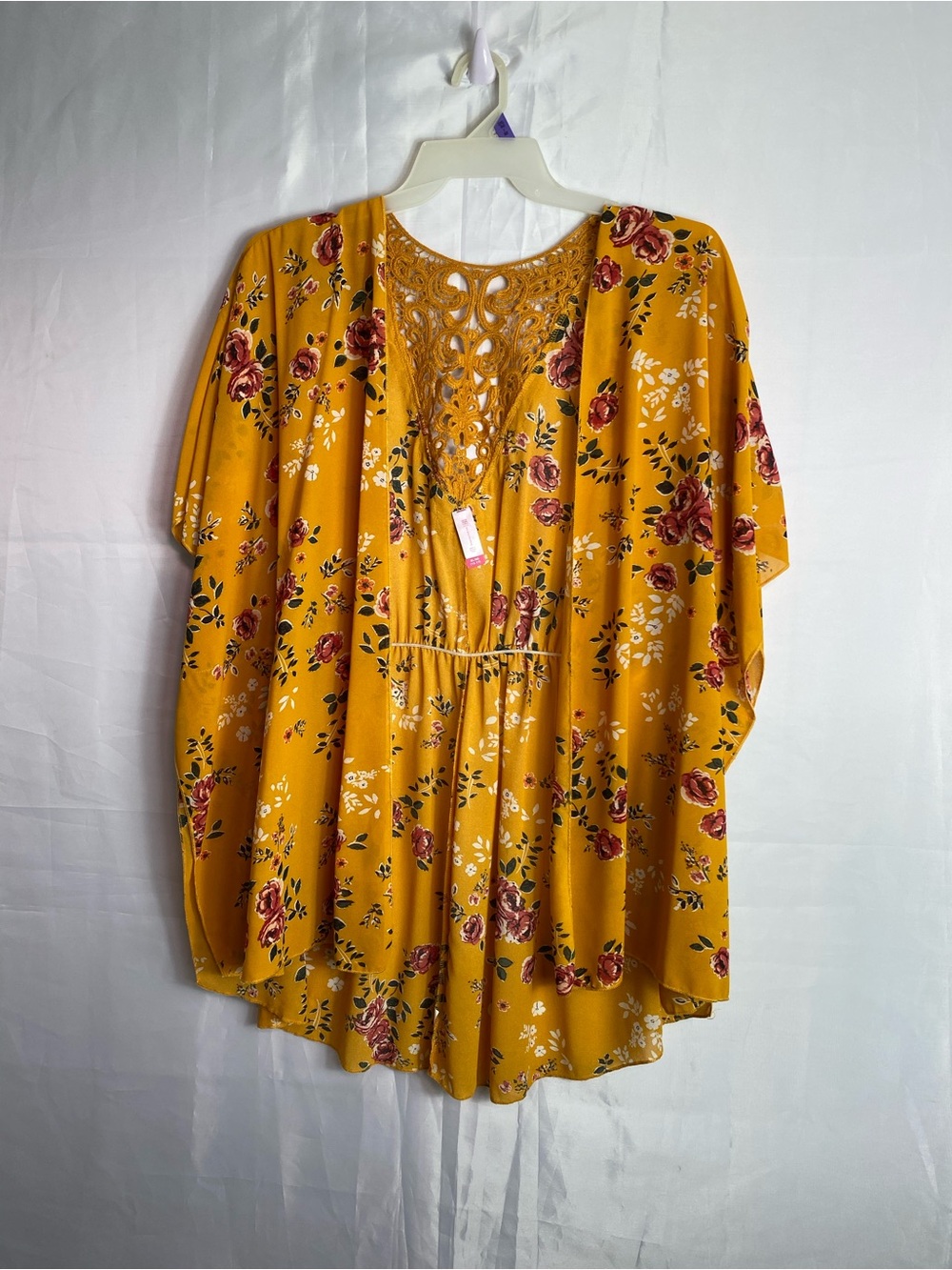 No Boundaries Mustard Yellow Floral Lace-Trim Blouse